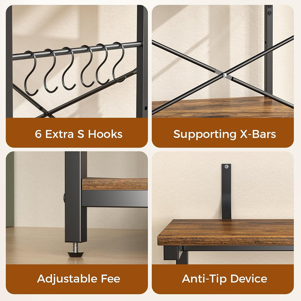 VUSIGN Kitchen Bakers Rack with Power Outlet, 31.5 Inch Coffee Bar Station with 6 S Hooks, 4 Tiers Microwave Stand with Storage, Kitchen Stand for Pots/Pans/Spices, Rustic Brown
