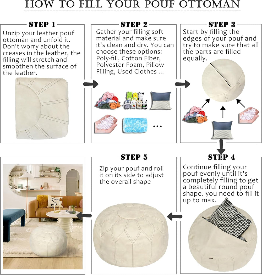 Thgonwid Unstuffed Moroccan Faux Leather Pouf Ottoman Cover with Storage - Bo...