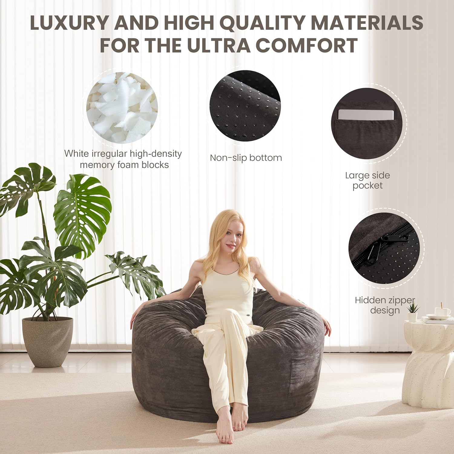 Bean Bag Chair Bed for Adults, Giant Bean Bag Chair Convertible Beanbag Bed, Large Floor Sofa Couch for Living Room, Bedroom, High-Density Foam Filling, Machine Washable (Full, Charcoal)