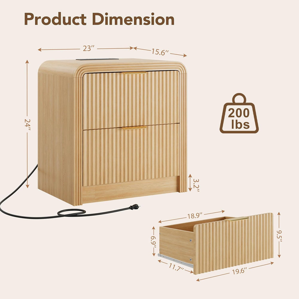 Decofy 23'' Wide Fluted Nightstand Set of 2 with Charging Station, Oa...