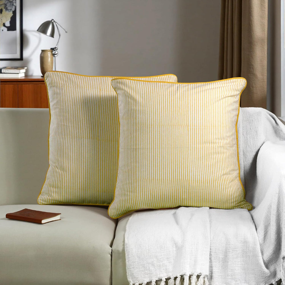 Ridhi Yellow Stripe Hand Block Print Pillow Covers 18x18 Set of 2