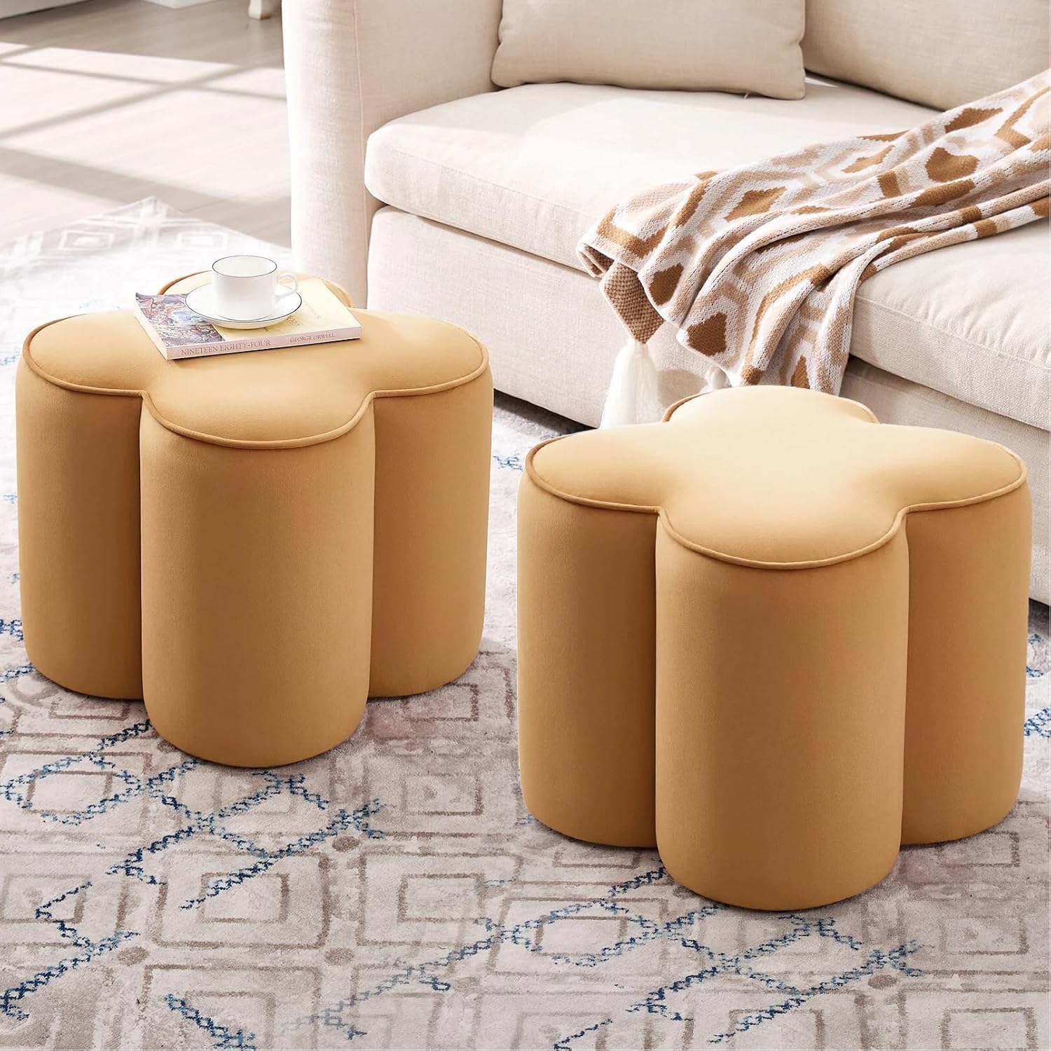 Zesthouse Flower Pouf Ottomans Foot Rest Set of 2, Velvet Poofy Ottomans | Large Ottoman Footstool for Couch, Modern Living Room Stool Seat, Cute Square Vanity Stool for Bedroom, Camel Dorm Foot Stool