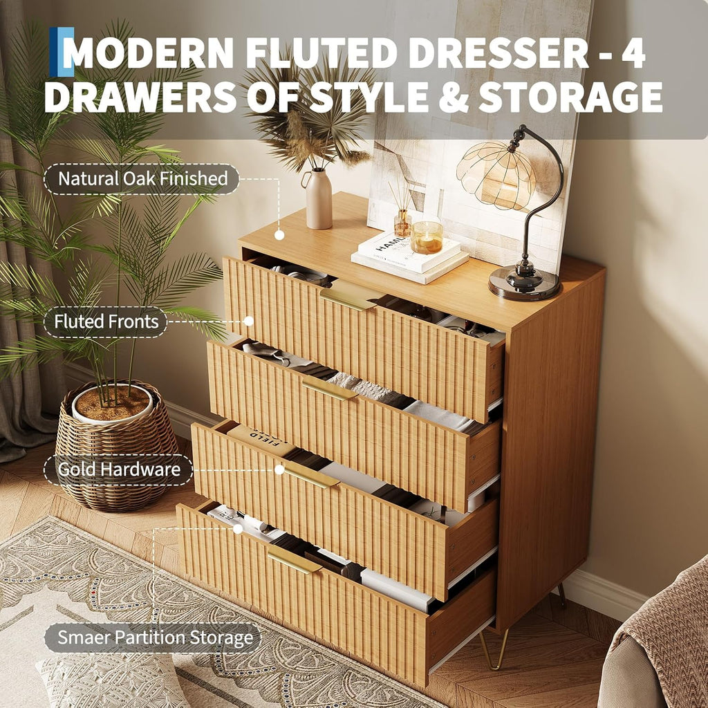 Garvee Fluted Dresser for Bedroom with 4 Drawers,32" Wide Modern Chest of Wooden Bedroom Chest with Metal Handle,Wide Clothes Storage Organizer,Closet Dresser & TV Stand for Living Room,Natura Oak