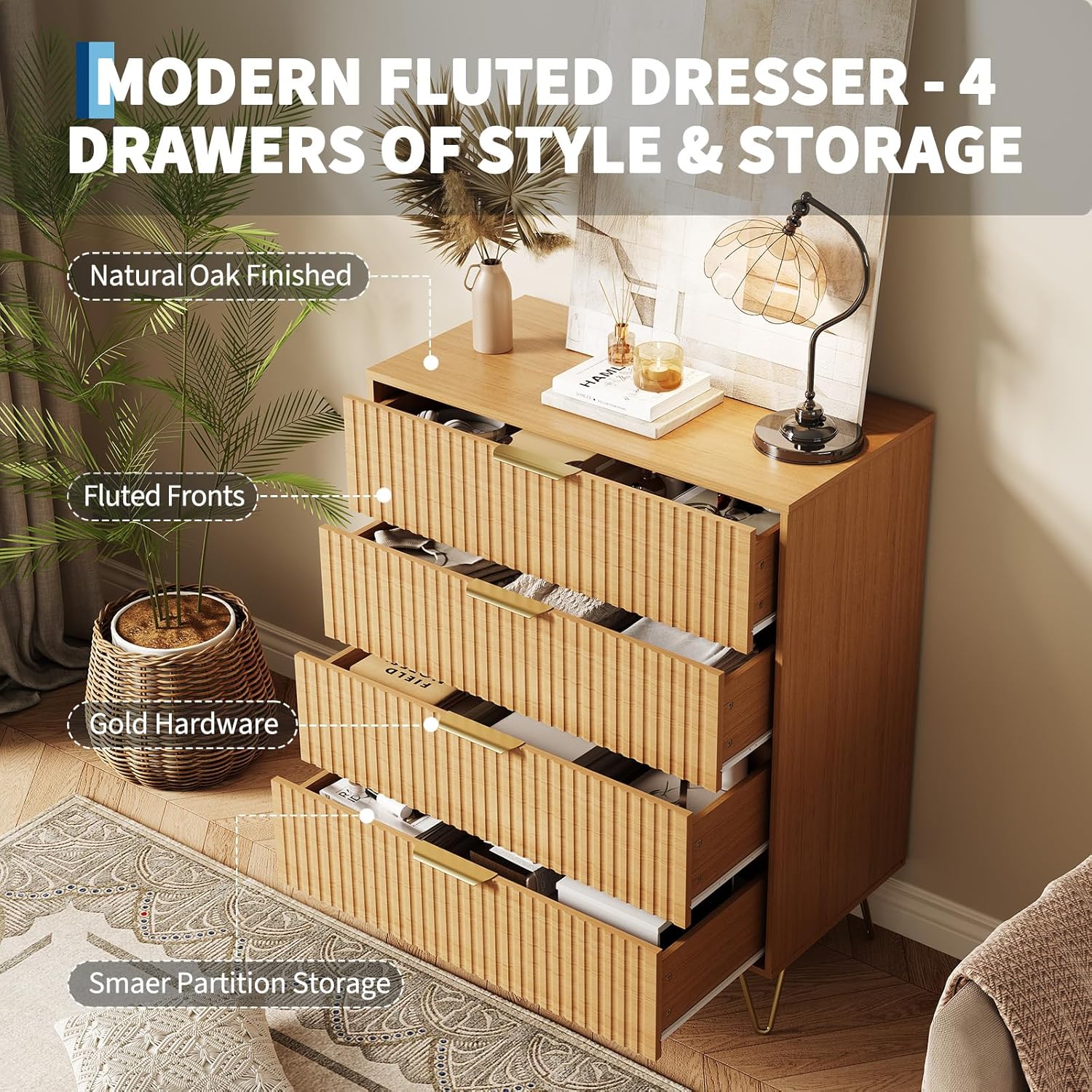 Garvee Fluted Dresser for Bedroom with 4 Drawers,32" Wide Modern Chest of Wooden Bedroom Chest with Metal Handle,Wide Clothes Storage Organizer,Closet Dresser & TV Stand for Living Room,Natura Oak