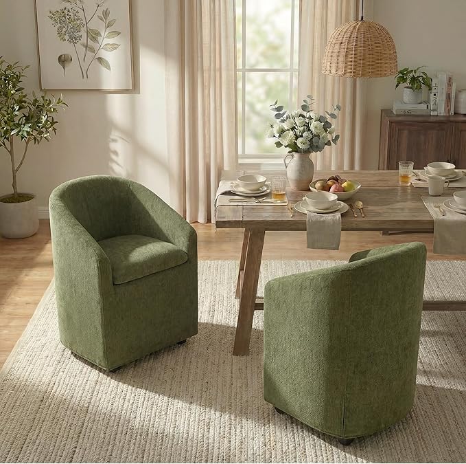 Upholstered Dining Chairs with Casters, Washable Cover Modern Dining Room Chairs with Barrel Backrest & Dual Armrest for Kitchen, Living Room, Bedroom, Green Fabric, 4PCS