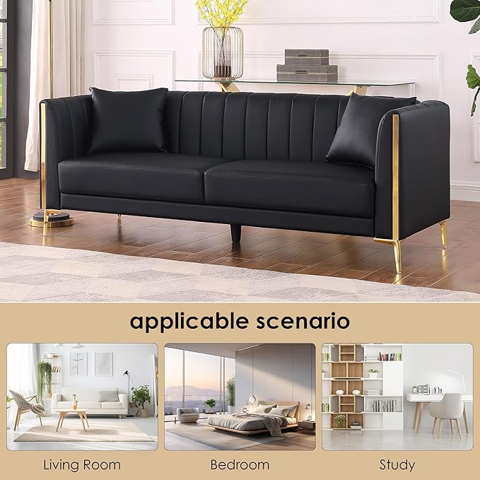 FOTOSOK Black Leather Couch Sofa, Office Couches for Living Room, 78'' Apartment Faux Leather Sofa with 2 Throw Pillows and Gold Metal Legs, Waterproof 3 Seater Couches for Small Living Room