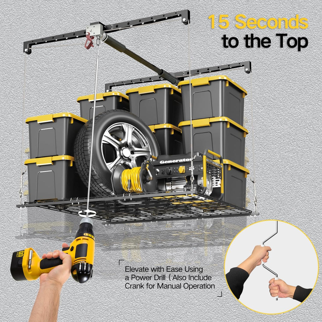 Garage Ceiling Storage Rack, 4x4 Ft Adjustable Overhead Garage Storage Rack Lift, Heavy-Duty Ceiling Mounted Storage Lift System for Garage Organization, 250lbs Weight Capacity