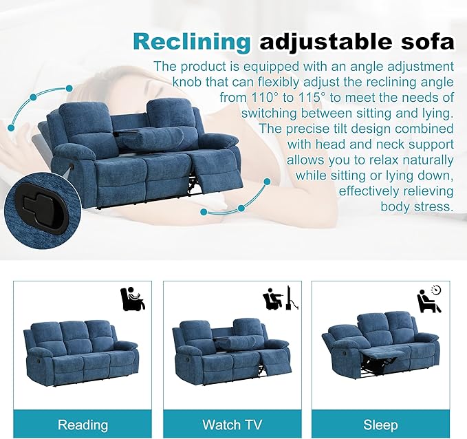 Recliner Sofa Set Couches for Living Room Chair Fluffy Fabric Living Room Furniture Sets, Adjusted Loveseat Loveseat Reclining Couch Furniture Sofa Set for Theater Seating, 3seater, Light Blue