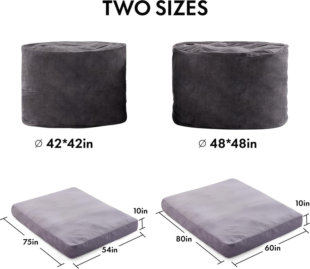 Giant Bean Bag Chair Bed for Adults, Convertible Beanbag Chairs to Floor Mattress, Large Bean Bag Lazy Chair with High-Density Foam Filling, Bean Bag Couch Sofa Bed Machine Washable, Dark Grey