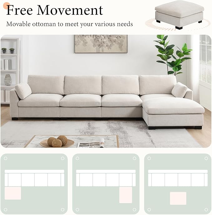 Ball & Cast Oversized Modular L Shaped Sectional Sofa W/Movable Ottoman and USB Ports,5 Seater Chenille Couch W/ 2 Armrest Pillows,Side Pocket & Folding Table,for Living Room,Apartment,Beige,130"
