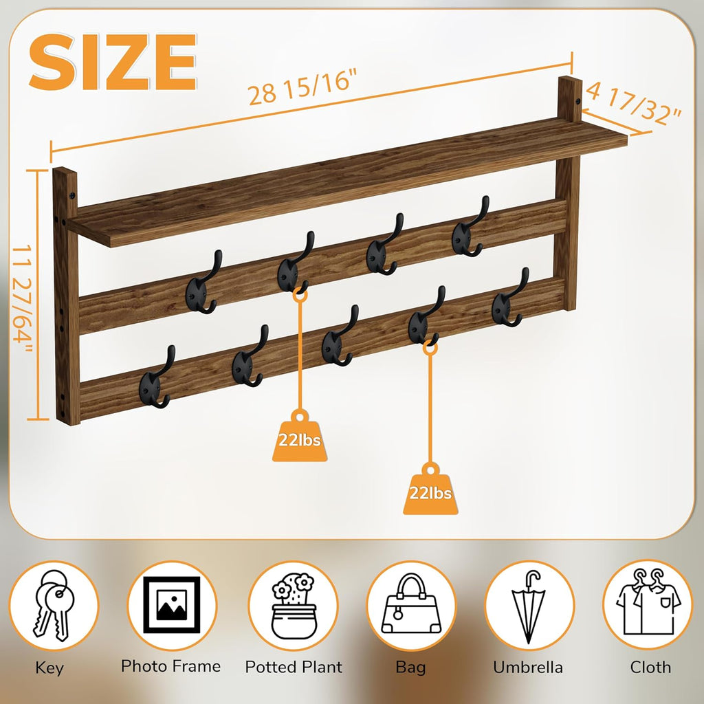 AMBIRD Coat Rack Wall Mount with Shelf, 29" Coat Hooks Wall Mounted with 9 Metal Hooks for Entryway, Bathroom, Bedroom, Living Room, Kitchen, 2 Tier Wall Hooks for Clothes, Hat, Towel, Key, Purse