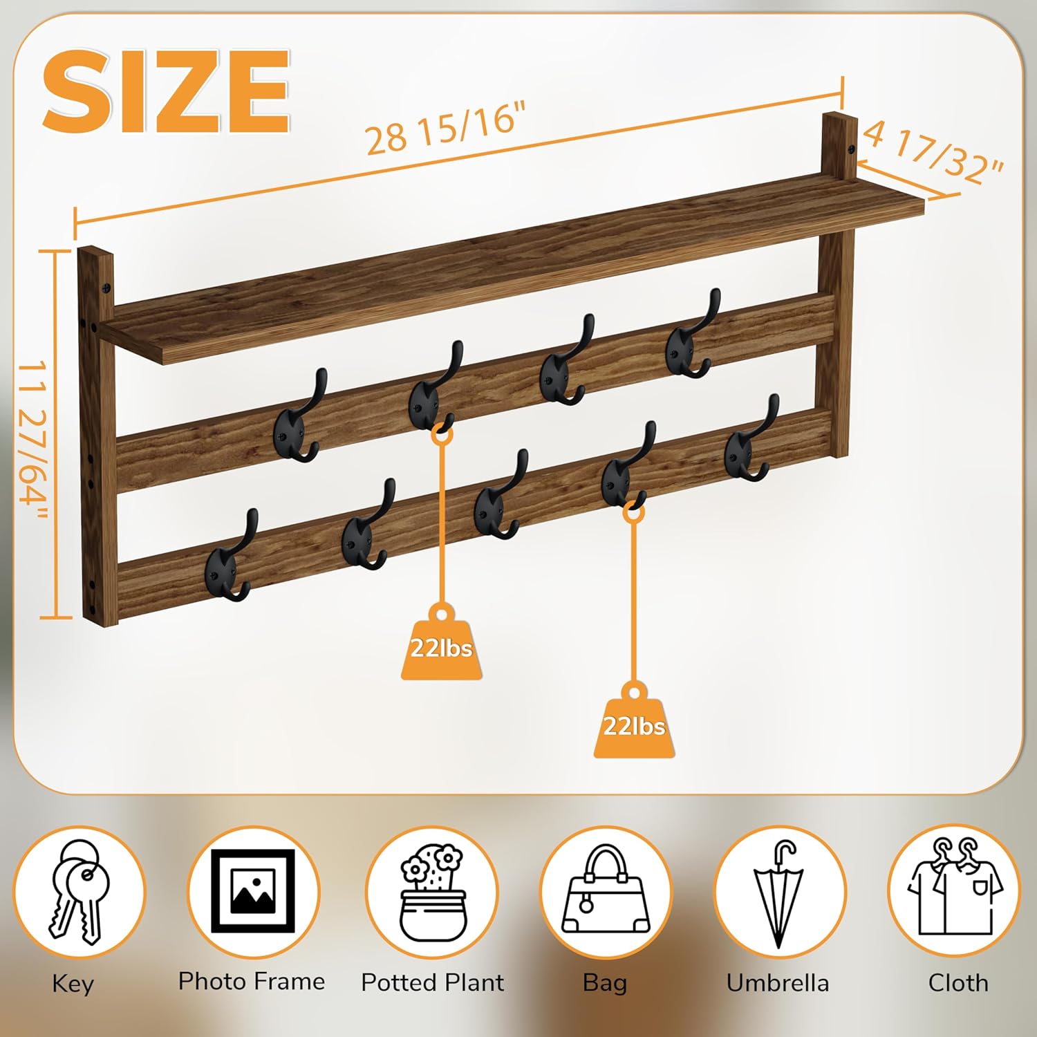 AMBIRD Coat Rack Wall Mount with Shelf, 29" Coat Hooks Wall Mounted with 9 Metal Hooks for Entryway, Bathroom, Bedroom, Living Room, Kitchen, 2 Tier Wall Hooks for Clothes, Hat, Towel, Key, Purse