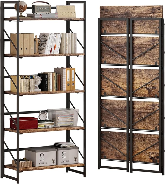 JSB No Assembly Folding Bookshelf, 5 Tier Industrial Metal Book Shelf for Sto...