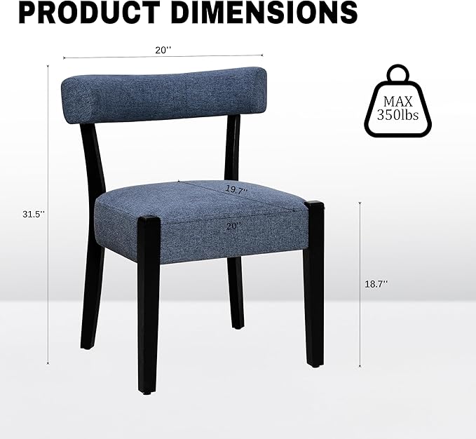 Modern Dining Chairs Set of 2, Upholstered Kitchen & Dining Room Chairs, Mid Century Modern Wooden Dining Chairs Oversized Sturdy Fabric Rounded Chairs Curved Back, Blue
