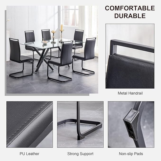 AZmac Modern Leather Dining Chairs Set of 6,Armless Kitchen Chairs,Dining Room Chairs with Upholstered Padded Seat and Sturdy Black Legs for Dining Room,Kitchen (Set of 6, Black-Black Leg)