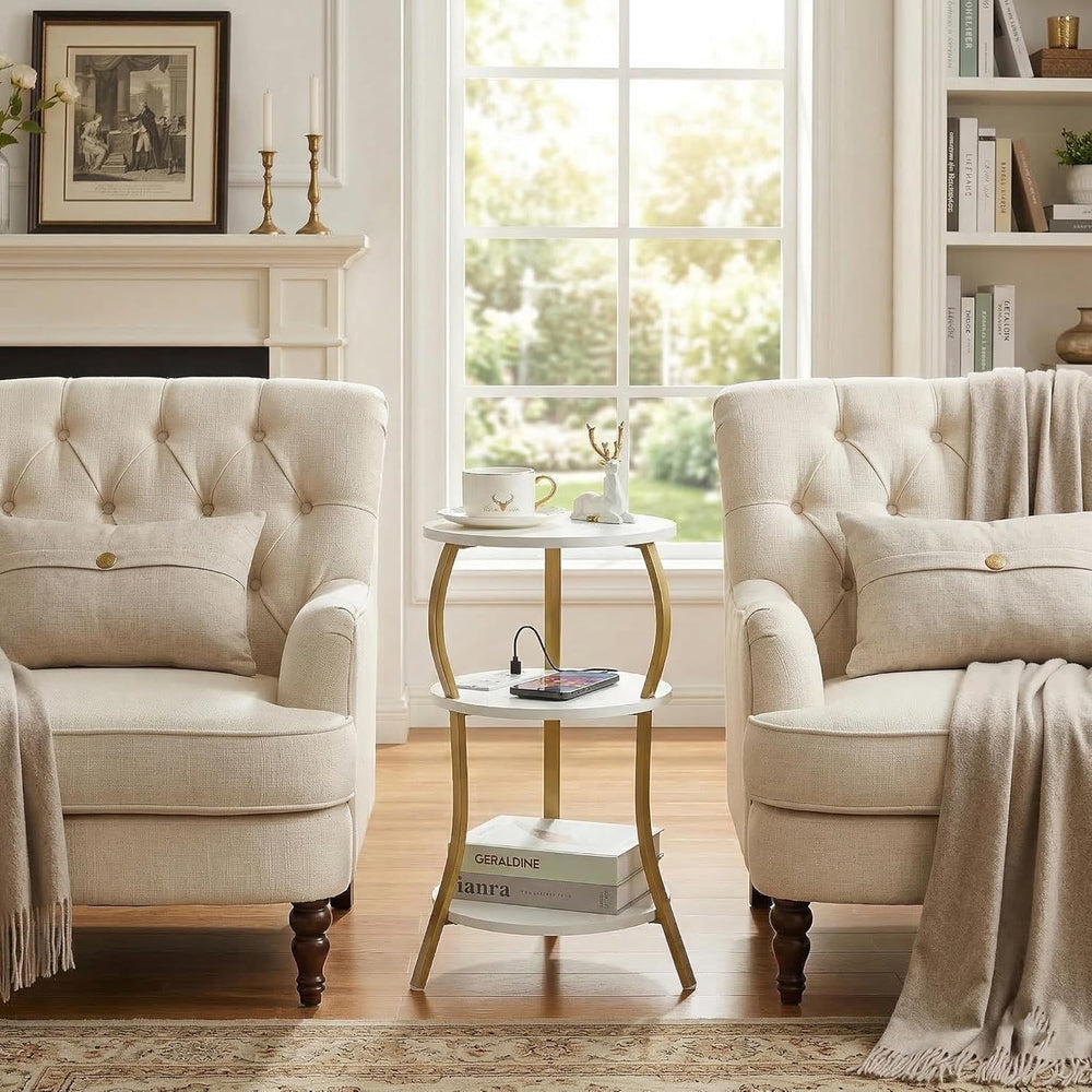 Small Round Side Table with Charging Station, 3-Tier Waist Circular End Table...