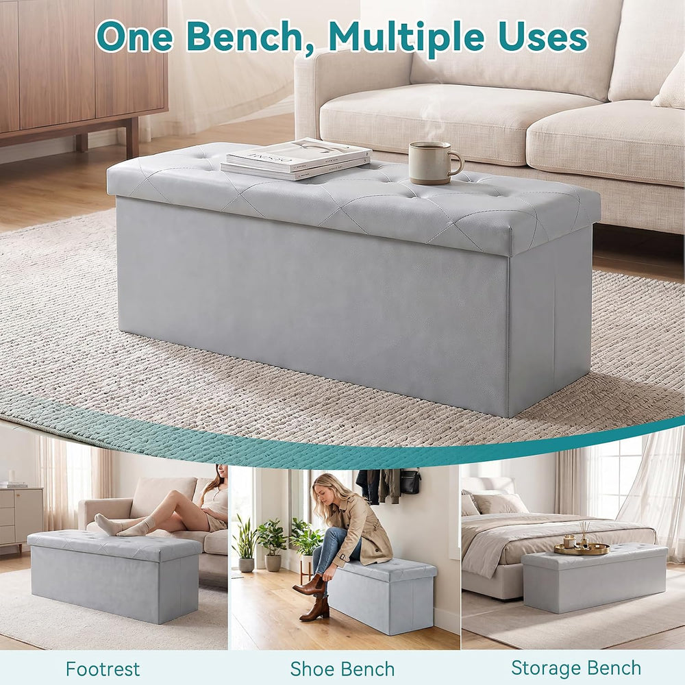 OLIXIS 43 Inch Foldable Storage Ottoman Bench, Leather Ottoman with Storage