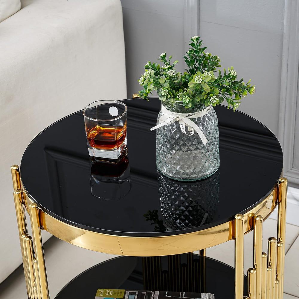 Luxury Glass Circular Coffee Table Set of 3, Black Glass Coffee Table and 2 B...