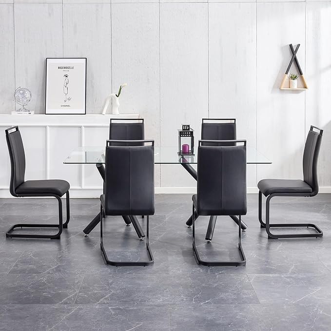 AZmac Modern Leather Dining Chairs Set of 6,Armless Kitchen Chairs,Dining Room Chairs with Upholstered Padded Seat and Sturdy Black Legs for Dining Room,Kitchen (Set of 6, Black-Black Leg)
