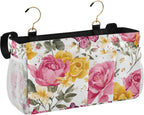 Pink Yellow Roses and Butterflies Bedside Caddy for Dorm Bed Bedside Hanging Caddy Bag Iron Frame Storage Organizer Pocket for Bunk Home College Hospital Beds 2 Hooks