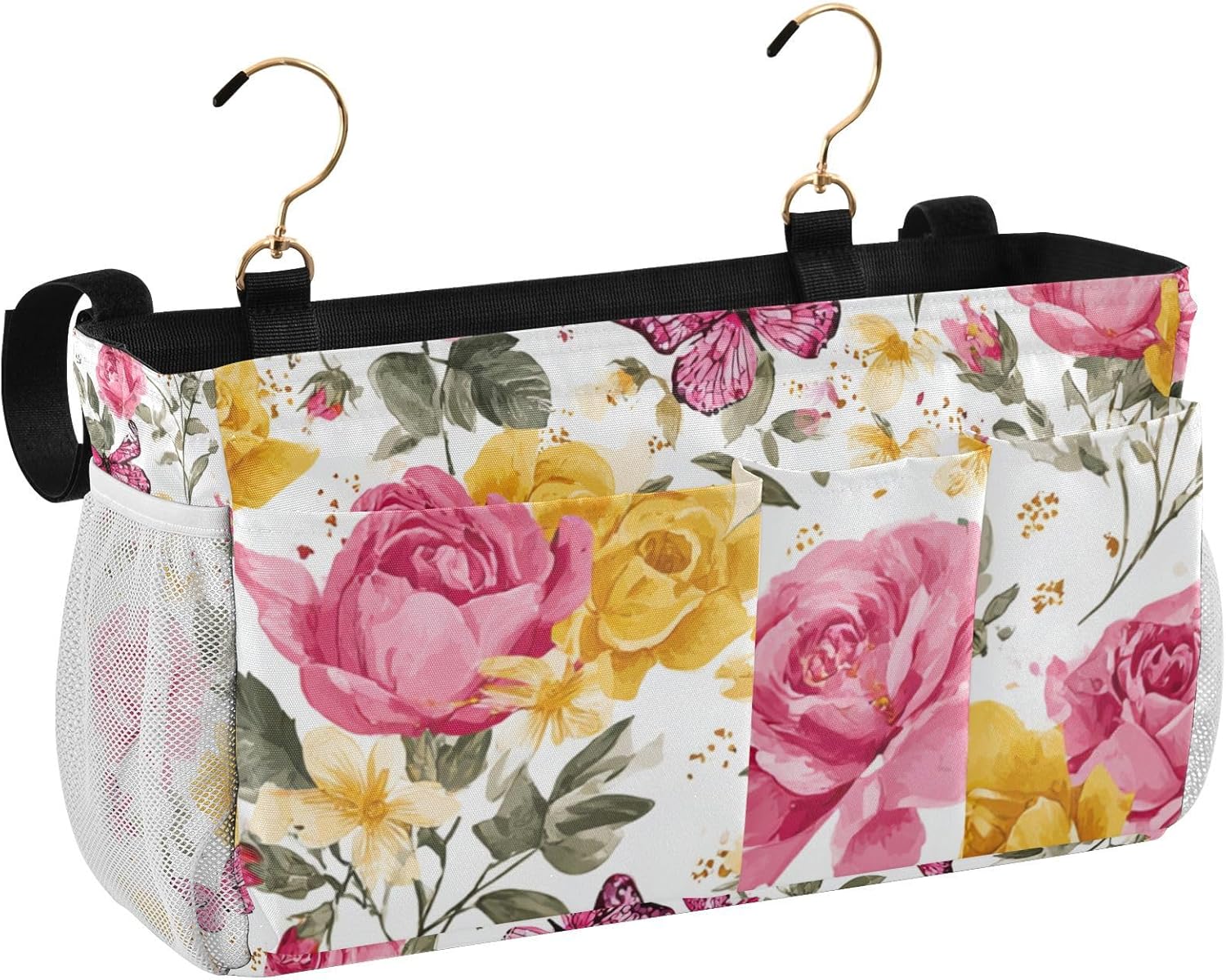 Pink Yellow Roses and Butterflies Bedside Caddy for Dorm Bed Bedside Hanging Caddy Bag Iron Frame Storage Organizer Pocket for Bunk Home College Hospital Beds 2 Hooks