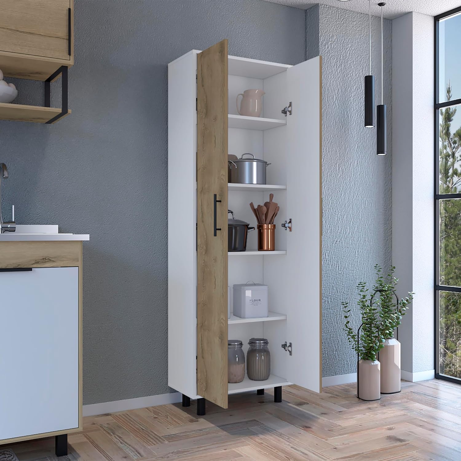 Modern Kitchen Pantry, Storage Cabinet with 2 Doors, Particle Board, for Dining Room, Easy to Clean