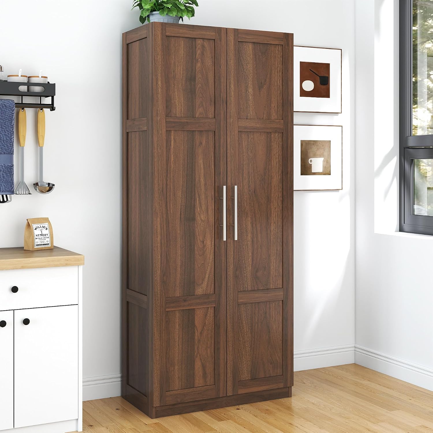 70.87'' Tall White Pantry Cabinet with 2 Doors 3 Adjustable Shelves Kitchen Storage Cupboard for Kitchen Dining Room Living Room, Walnut