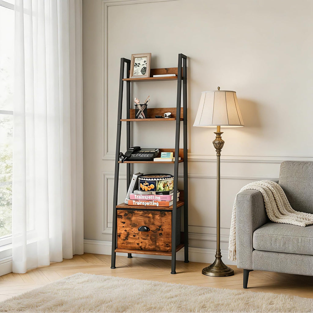 5 Tier Ladder Bookshelf Ladder Shelf, Rustic Bookcase Storage Rack Organizer with Removable Drawer, Wood Metal Freestanding Storage Shelf for Living Room, Home Office, Bedroom, Brown | Wood metal freestanding storage rack organizer for living room