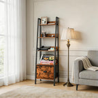 5 Tier Ladder Bookshelf Ladder Shelf, Rustic Bookcase Storage Rack Organizer with Removable Drawer, Wood Metal Freestanding Storage Shelf for Living Room, Home Office, Bedroom, Brown | Wood metal freestanding storage rack organizer for living room