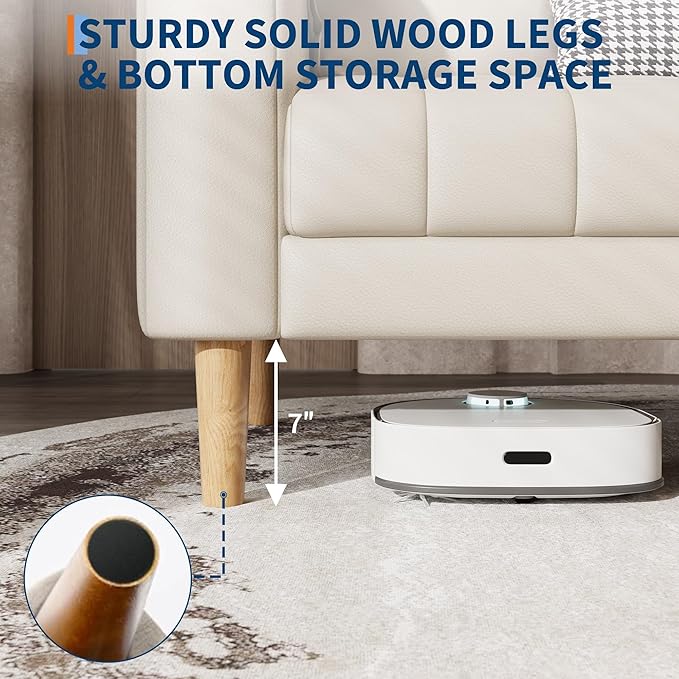 IDEALHOUSE 83" W Faux Leather Sofa Couch for Living Room, Modern 3 Seater Sofa Couch with Deep Seats, 2 Throw Pillows and Wood Legs, for Small Space, Bedroom, Apartment, Home Office, Beige