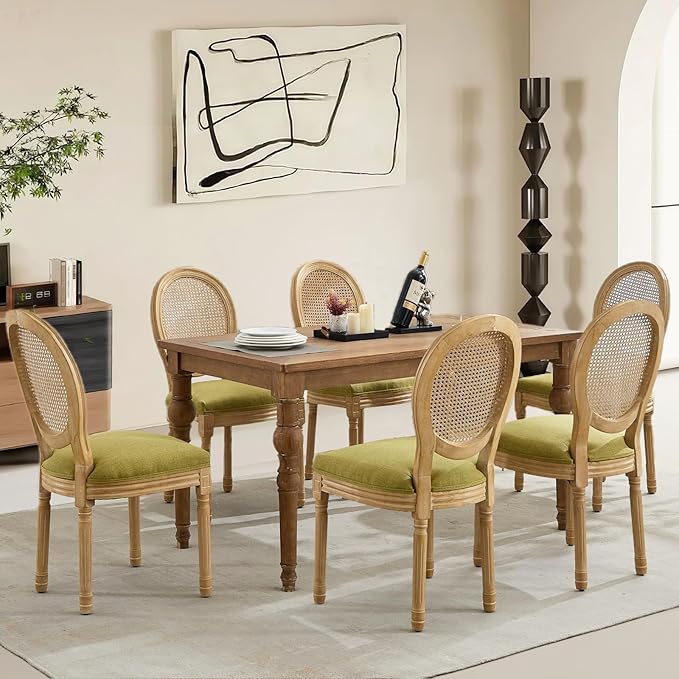 Rattan Back Upholstered Dining Chairs Set of 6 French Country Oval Kitchen Si...