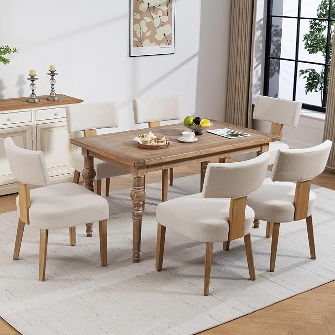 Dining Chairs, Fabric Upholstered Wood Kitchen Chairs Set of 6, Linen Curved Backrest Accent Chairs,Farmhouse Modern Dining Chairs with Foot Pad for Kitchen/Living Room/Restaurant/Cafe-Beige