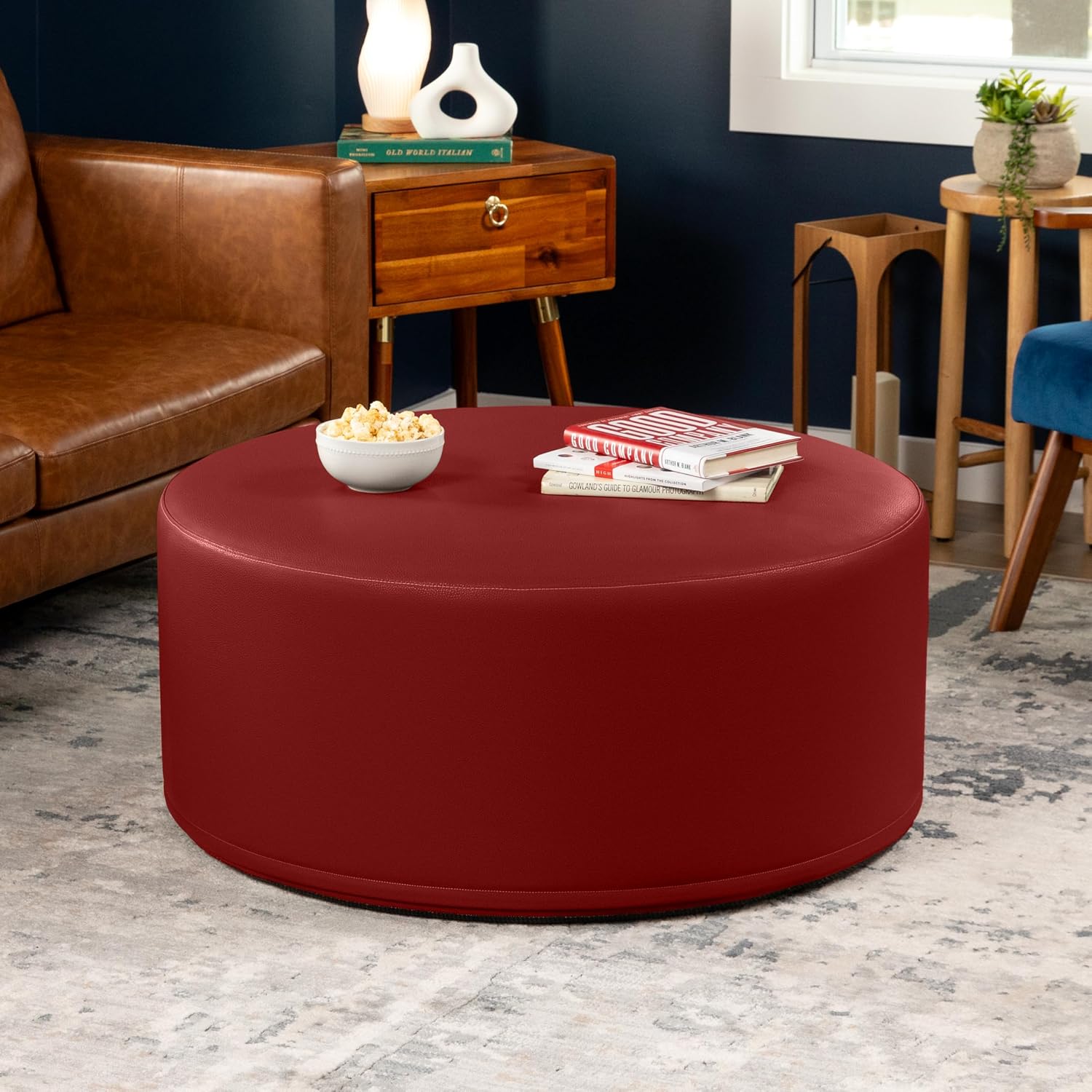 Jaxx Candler Round Couch Ottoman – Oversized Giant Coffee Table Ottoman - Versatile Firm Foam Construction - Kid Safe with Removable Cover, 36”, Premium Faux Leather, Crimson