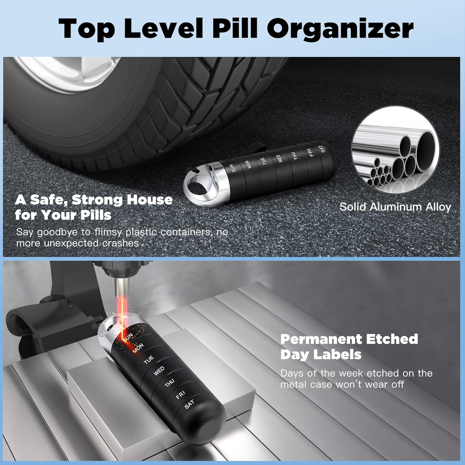 Zannaki Metal Travel Pill Organizer, Portable Waterproof Weekly Pill Box, Large Aluminum Alloy Pill Case Container, BPA Free 7 Day Daily Medicine Organizer Holder for Vitamin, Fish Oil, Supplement