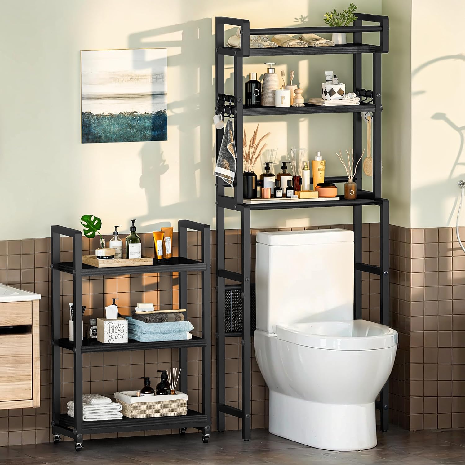 Recaceik 6-Tier Over The Toilet Storage Shelf with Cart, Freestanding Above Toilet Shelf Rack, Farmhouse Bathroom Organizer Shelves, Space Saver (Black)