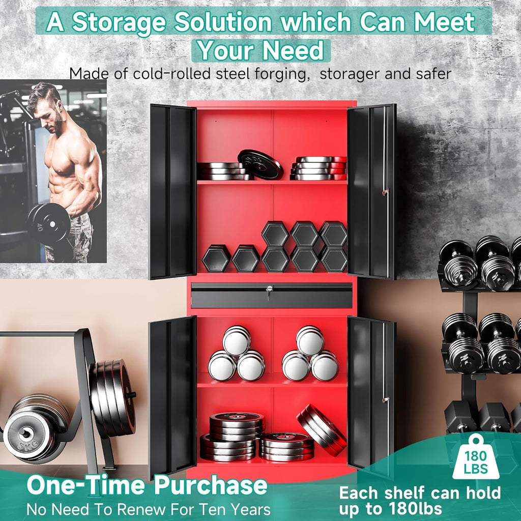 Metal Storage Cabinet with Drawer and Lock,Garage Storage Cabinet with Locking Doors and Shelves,71" Black Red Metal Cabinets,Lockable Steel Tool Cabinets for Garage,Home,Office,Shop
