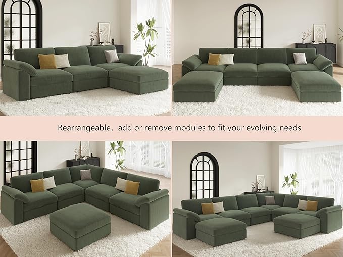 EASE MOOSE Sectional Modular Sofa,Comfty Oversized L Shape Sectional Couch Wide Deep Seat Modular Cloud Couch with Ottoman,Green