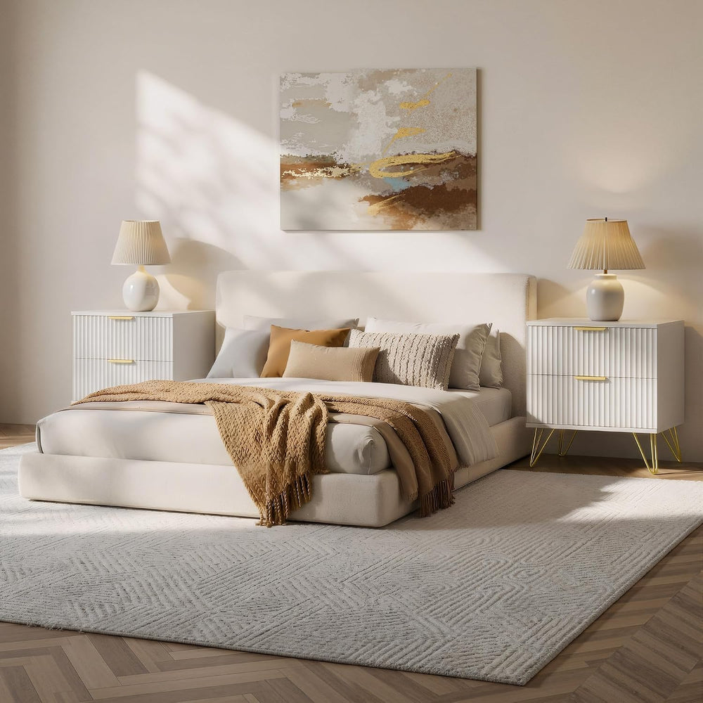 White Fluted Nightstand Set of 2, Modern Bedside Table with 2 Drawers and Gol...