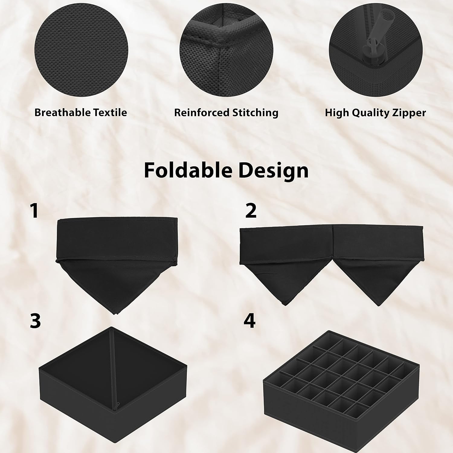 Simple Houseware 4-Pack Drawer Organizer Set - Closet Dividers for Underwear, Socks, Bras, Scarves, Ties - Foldable Non-Woven Storage Boxes, Dark Gray