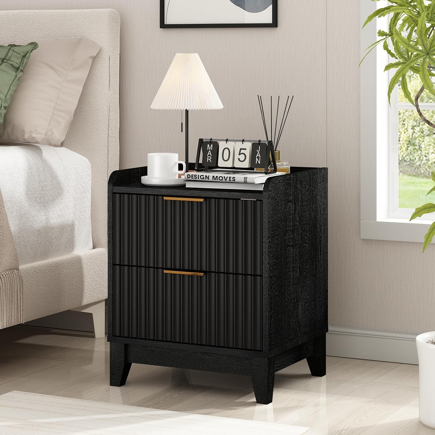 Wnutrees Fluted Nightstand with Charging Station, Modern Bedside Table with 2 Drawers, Farmhouse Wooden End Side Table Living Room, Black