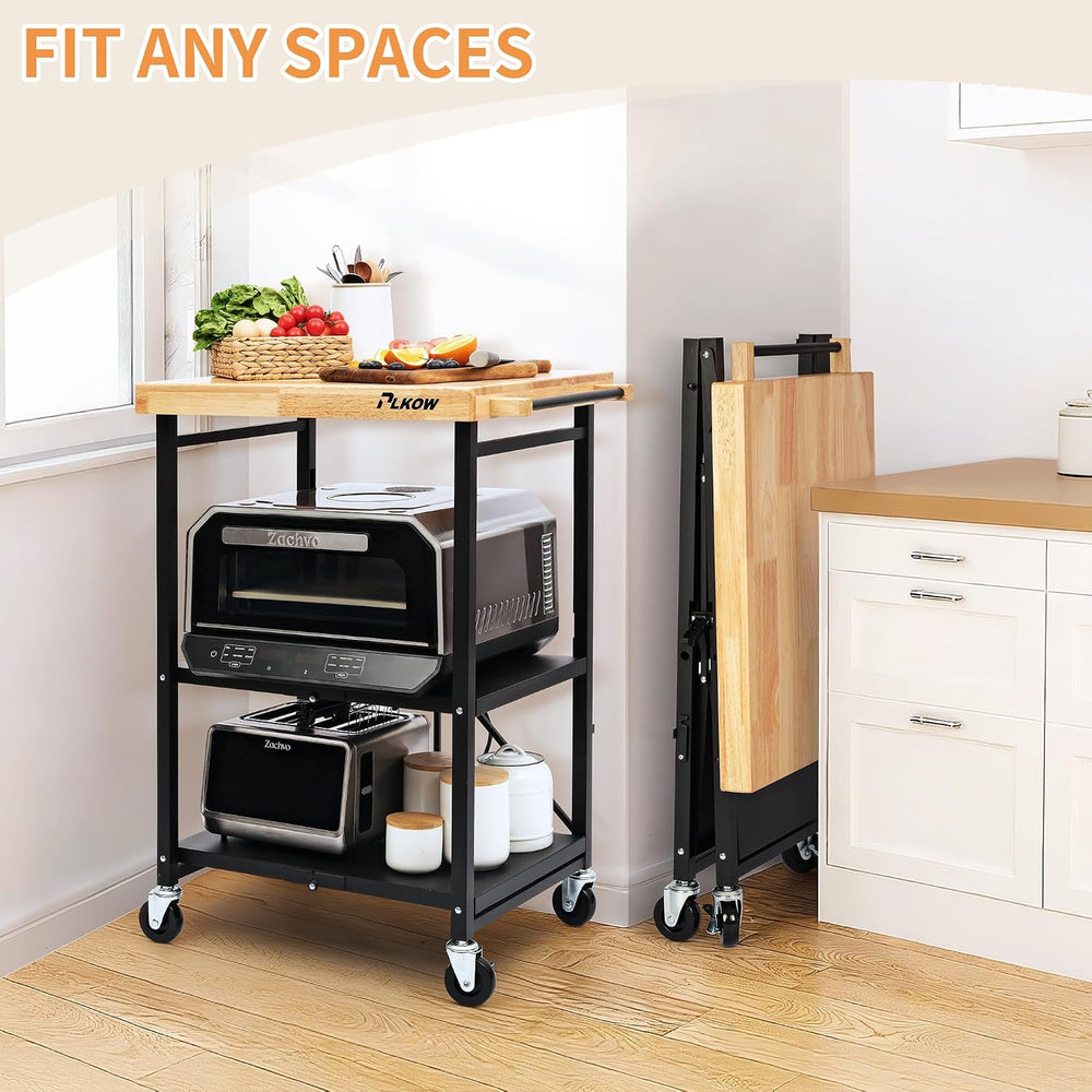 PLKOW Foldable 3-Tier Rolling Kitchen Cart with Solid Oak Top, Black | Solid ...
