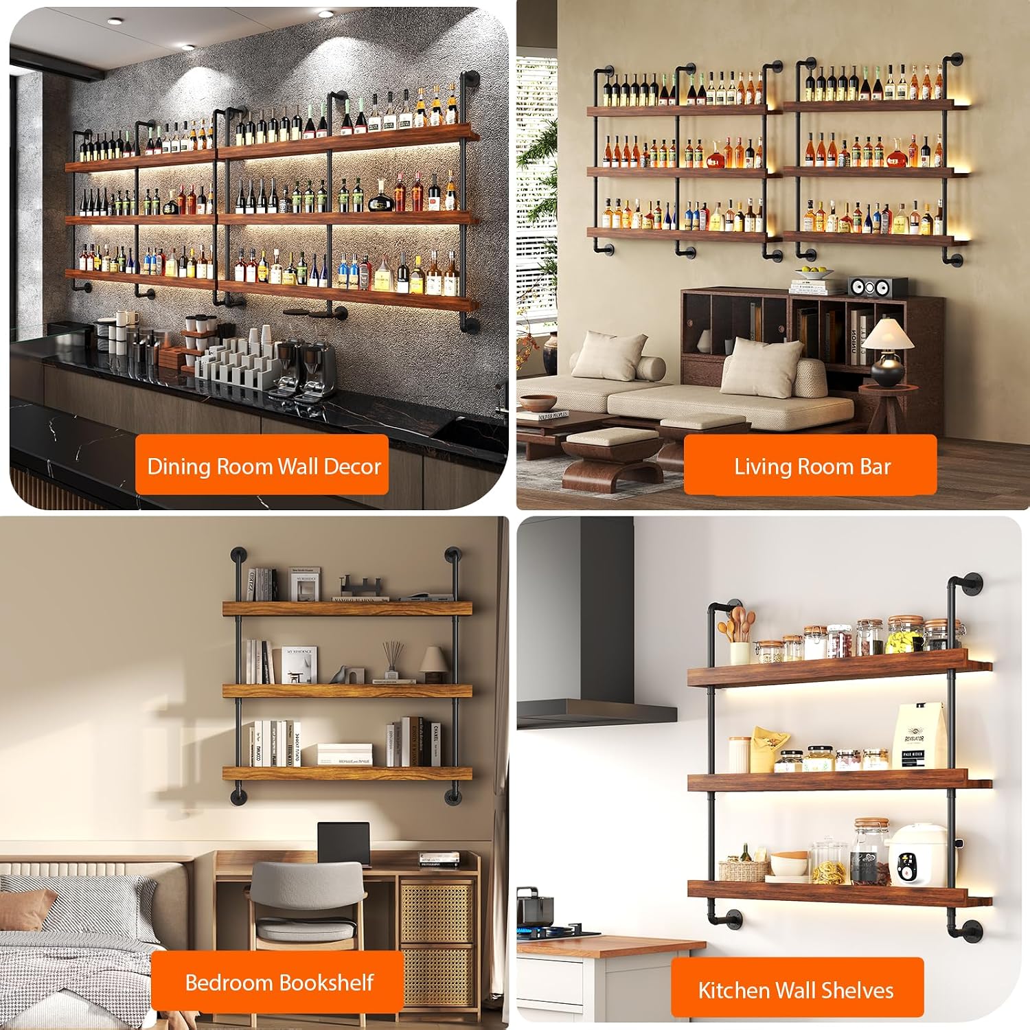 Large Wine Rack Wall Mounted with LED Light, Solid Wood Bar Shelves Wall Mounted, 3-Tiers Liquor Bottles Floating Shelves Display Storage Organizer for Home Bar, Dining Room (39.7 inch)