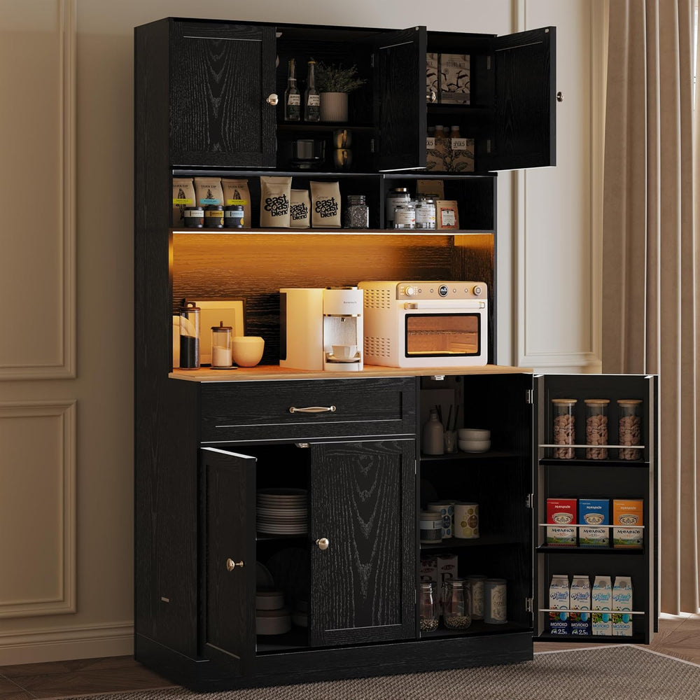 FJTJBSI 72" Kitchen Pantry Cabinet with LED Light and Charging Station T...