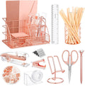 Rose Gold Office Supplies and Accessories, Rose Gold Mesh Desk Organizers with Tape Holder, Tape, Stapler, Staple Remover, 1000pcs Staples, Pen, Pen Holder, Ruler, Phone Holder, Clips, Scissor