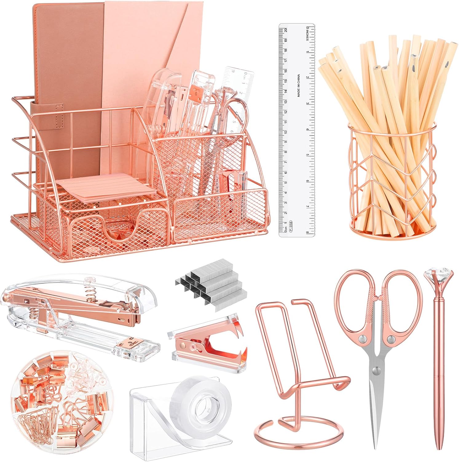 Rose Gold Office Supplies and Accessories, Rose Gold Mesh Desk Organizers with Tape Holder, Tape, Stapler, Staple Remover, 1000pcs Staples, Pen, Pen Holder, Ruler, Phone Holder, Clips, Scissor