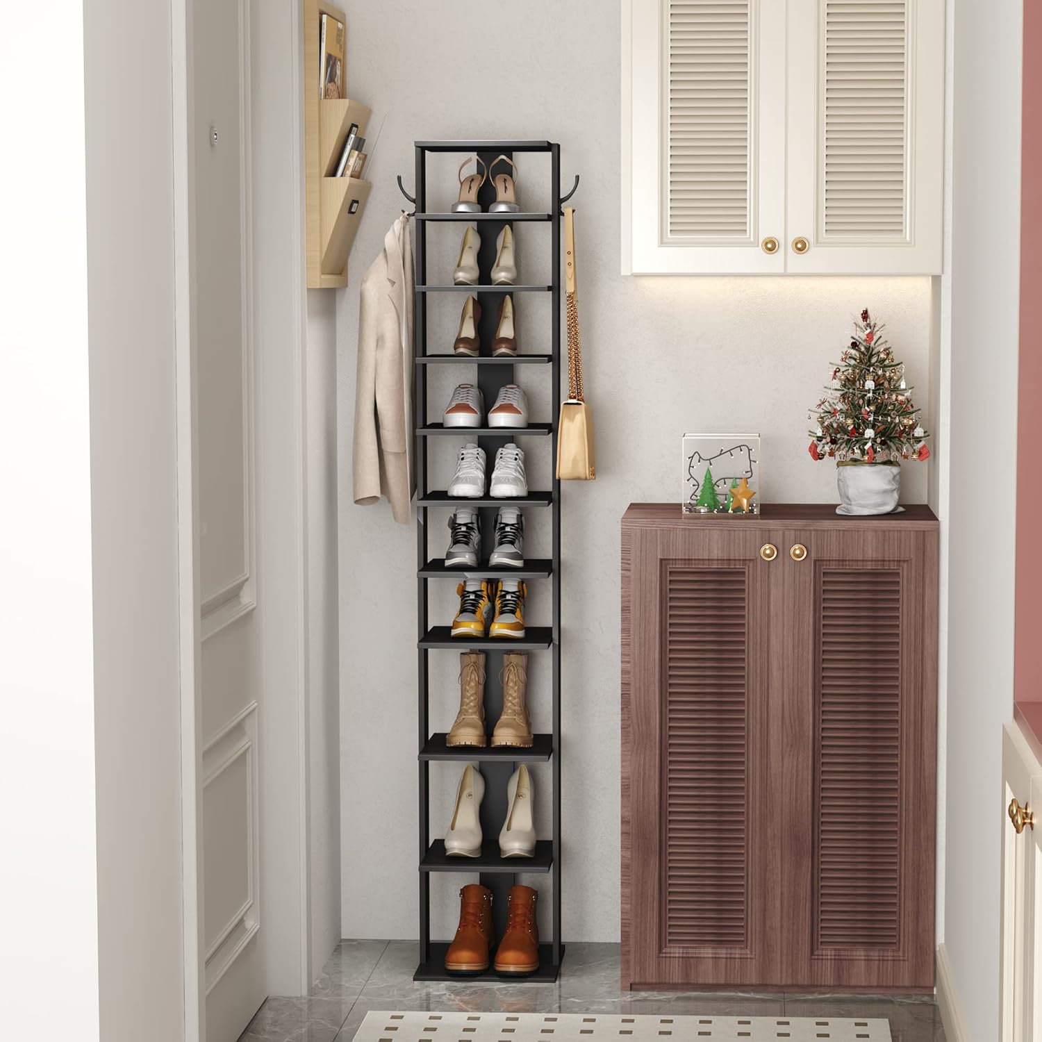 HOMEFORT 10-Tier Vertical Shoe Rack, Corner Shoe Tower, Slim Shoe Organizer with Two Hanging Hooks, Wooden Shoe Storage Stand for Entryway, Hallway, Closet (Black)