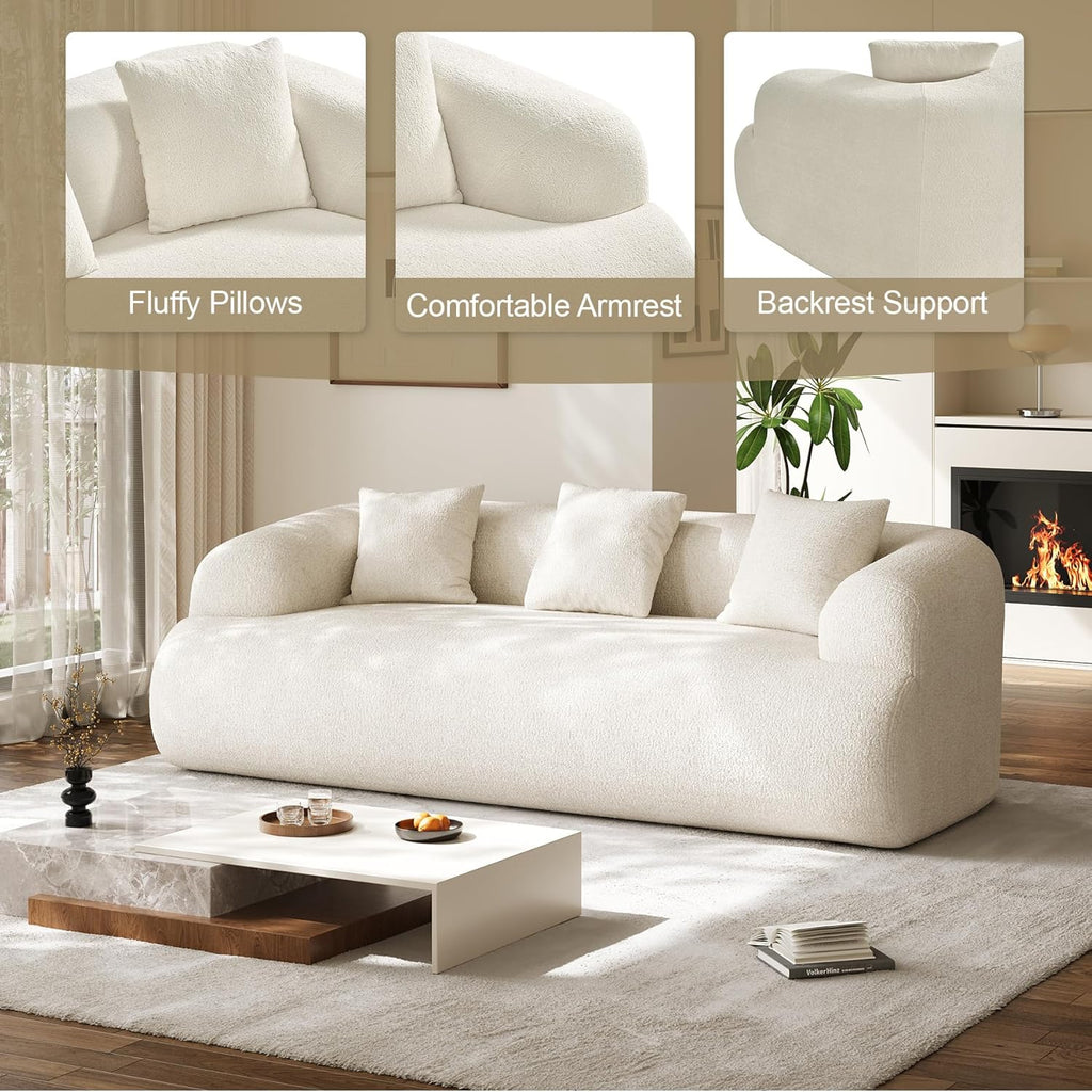 91" Modern Curved Couch,3 Seater Boneless Sofa & Deep Seat,Beige White | Cute Curve Sofa with Soft Chenille,High Foam and Oversized Deep for Modern Living Rooms, Bedrooms ,Apartments,No Assembly