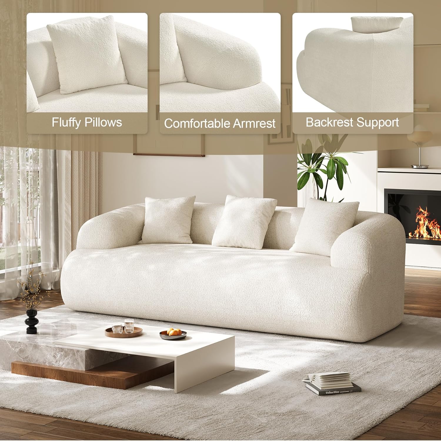91" Modern Curved Couch,3 Seater Boneless Sofa & Deep Seat,Beige White | Cute Curve Sofa with Soft Chenille,High Foam and Oversized Deep for Modern Living Rooms, Bedrooms ,Apartments,No Assembly