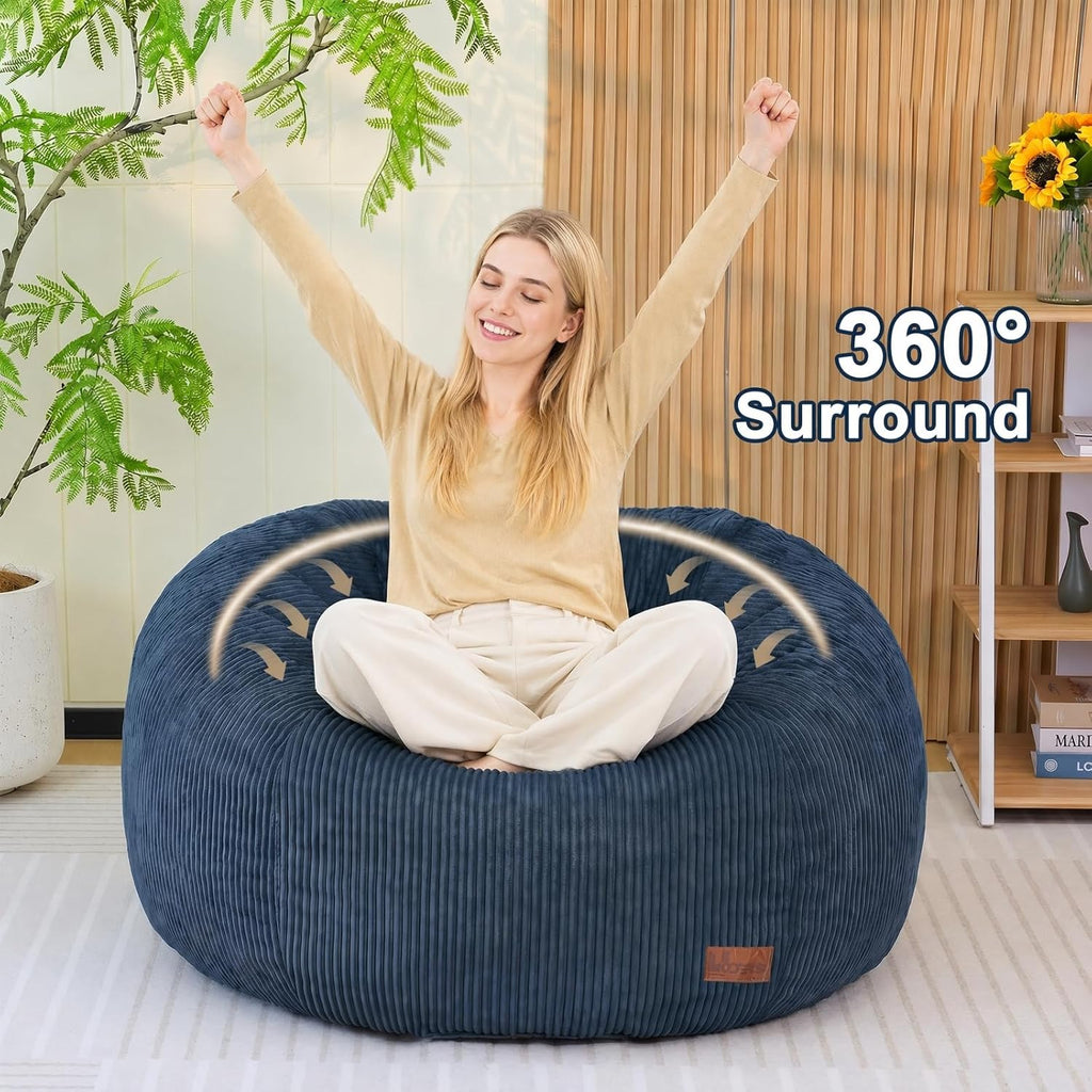 Bean Bag Chair for Adults Teens & Kids, Giant Round Bean Bag with Memory Sponge Filling, Boneless Lounge Floor Sofa Chair with Handle & Non-Slip Base for Living Room Bedroom Balcony(L-Blue)