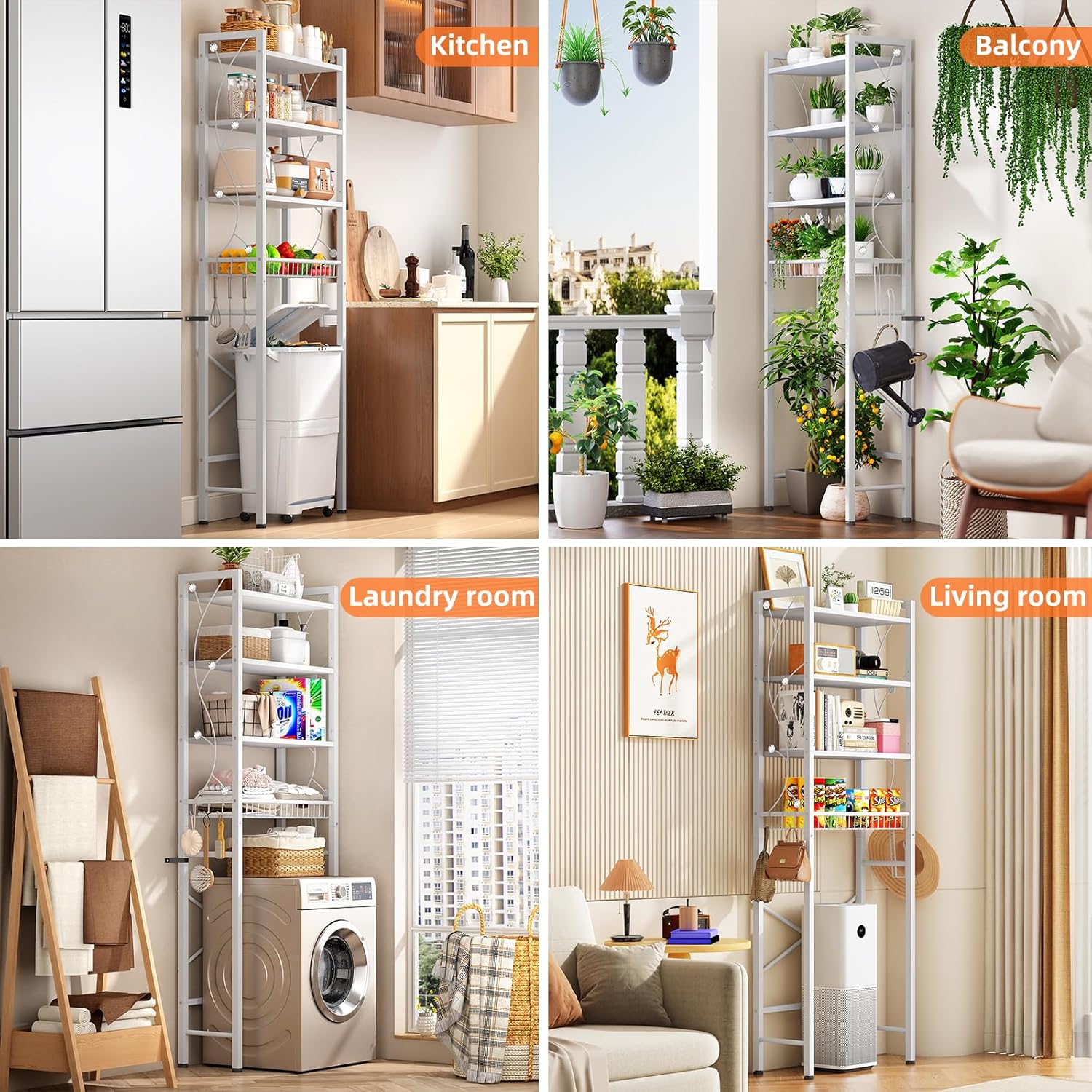 Over-The-Toilet Storage Rack, 4-Tier Bathroom Organizer Shelf Over Toilet with Adjustable Shelf and Basket, Freestanding Space Saver Bathroom Shelves Above Toilet for Room (Pure White)